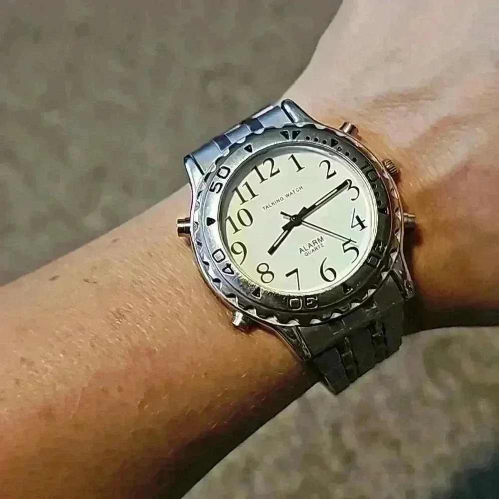 Classic Silver & Gold Tone Link Bracelet Talking Watch w/ Alarm & Locking Clasp